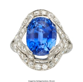 55293: Art Deco Sapphire, Diamond, Platinum Ring  Stone