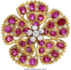 55397: Ruby, Diamond, Gold Brooch, French  Stones: Roun