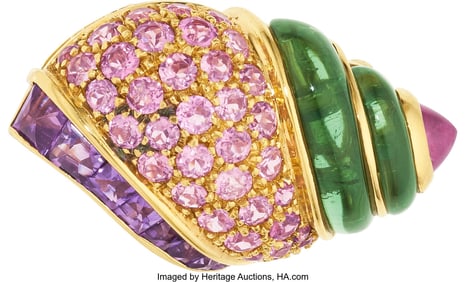 55075: Bvlgari Multi-Stone, Gold Brooch  Stones: Round-