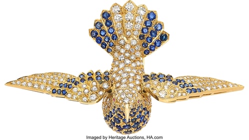 55141: Sapphire, Diamond, Gold Brooch  Stones: Round-sh