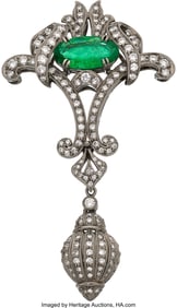 55310: Emerald, Diamond, Platinum, White Gold Brooch  S