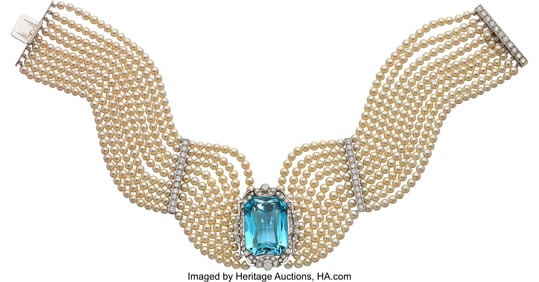 55152: Aquamarine, Diamond, Cultured Pearl,  White Gold