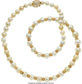 55159: South Sea Cultured Pearl, Diamond, Gold Necklace