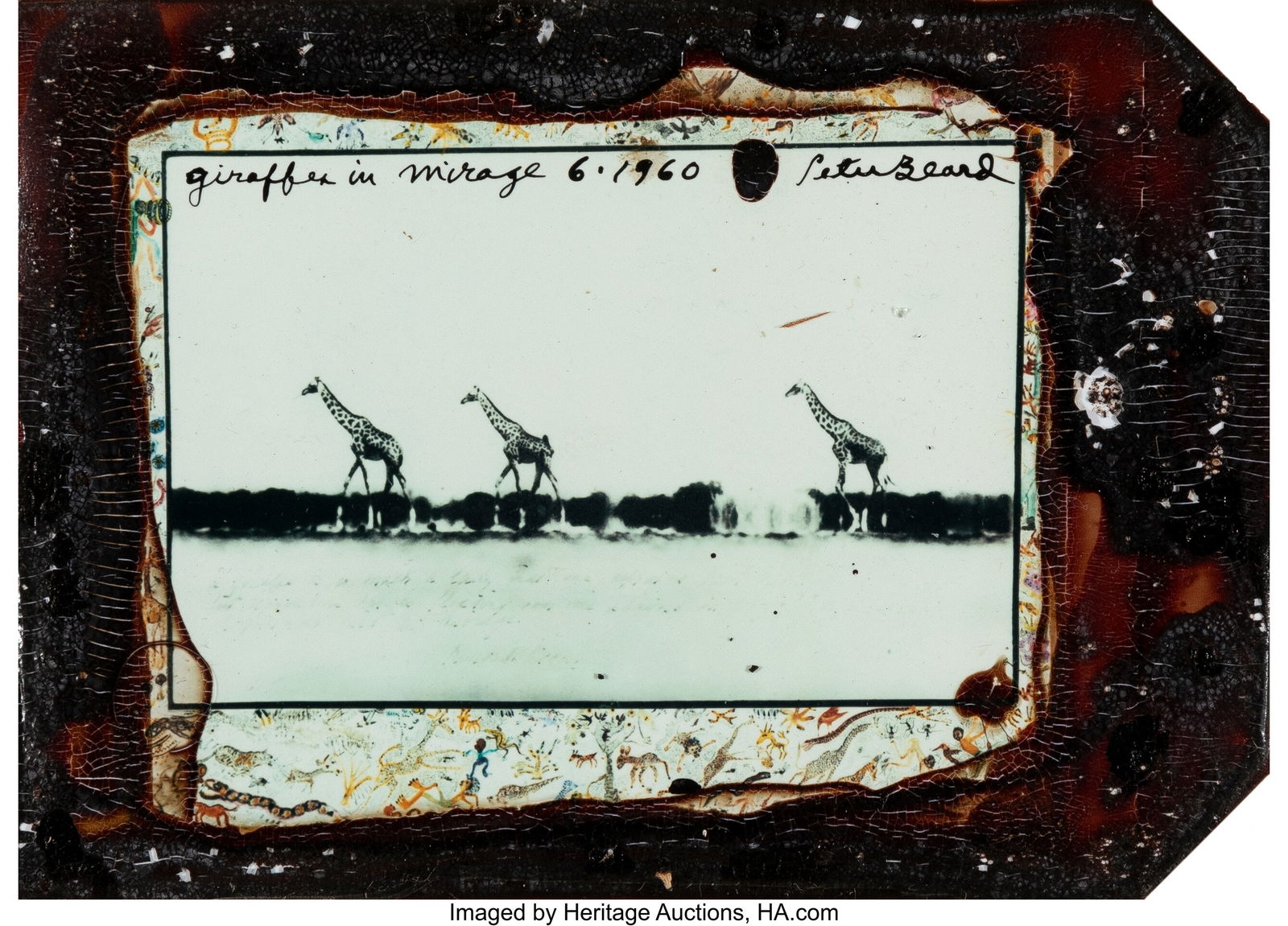Peter Beard (American, 1938-2020) Giraffes in mi: Peter Beard (American, 1938-2020) Giraffes in mirage on the Taru Desert, Kenya, 1960 Unique Polaroid print with applied blood 2-1/2 x 3-3/4 inches (6.3