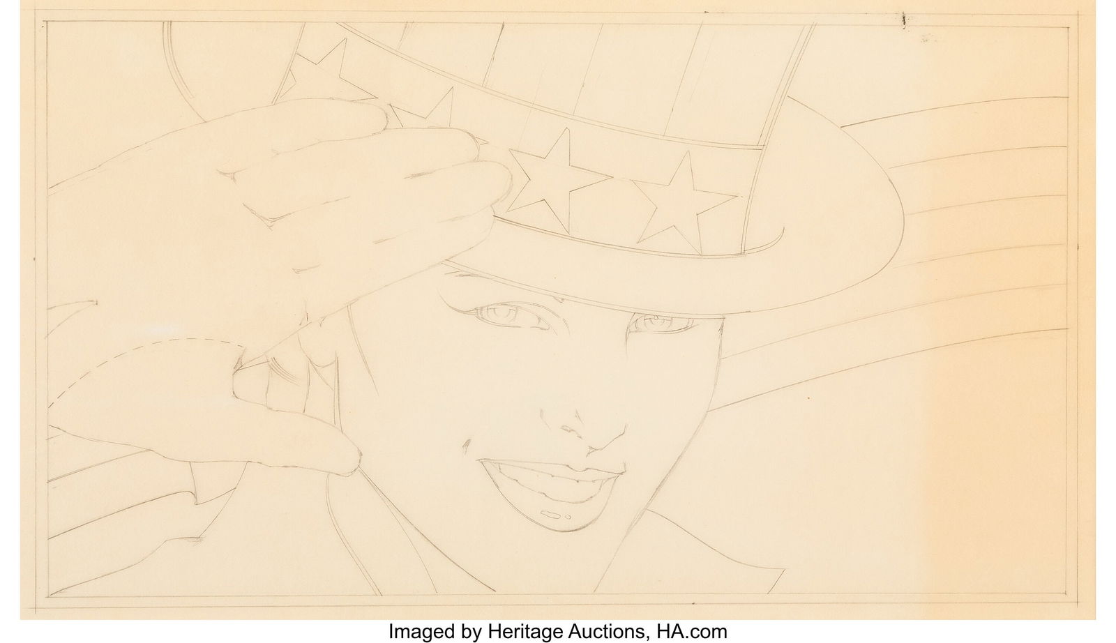 Patrick Nagel (American, 1945-1984) Untitled (Fo: Patrick Nagel (American, 1945-1984) Untitled (Fourth of July / girl saluting), circa 1981 Pencil on tracing paper 6-1/2 x 11 inches (16.5 x 27&perio