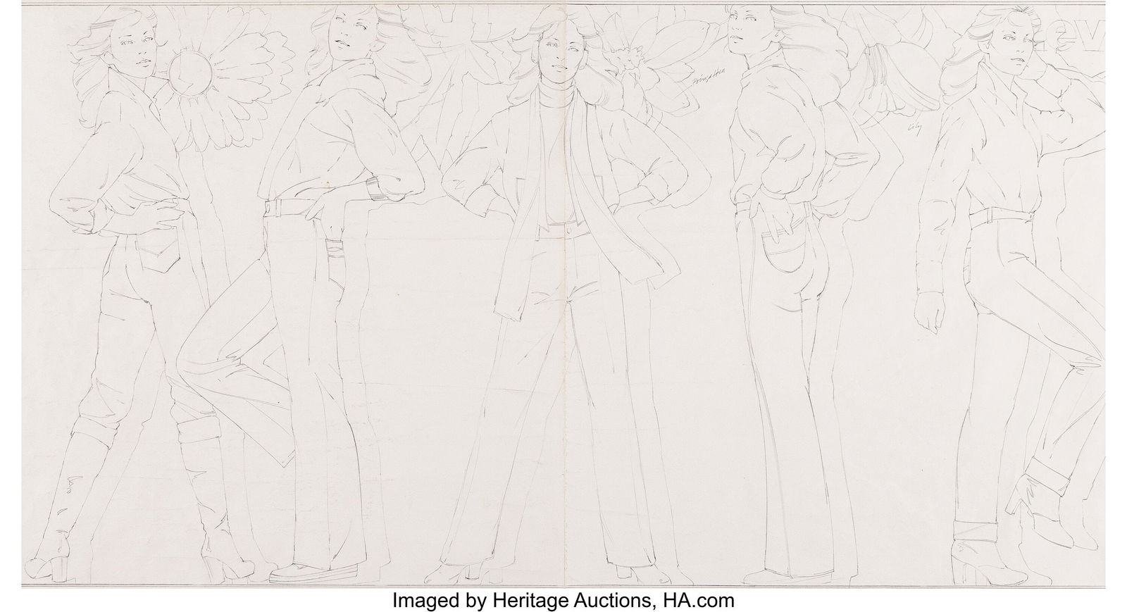Patrick Nagel (American, 1945-1984) "A Jean for: Patrick Nagel (American, 1945-1984) "A Jean for All Seasons," Levi's advertisement study, 1979 Pencil on tracing paper 24 x 34-1/2 inches (61.0 x 87.