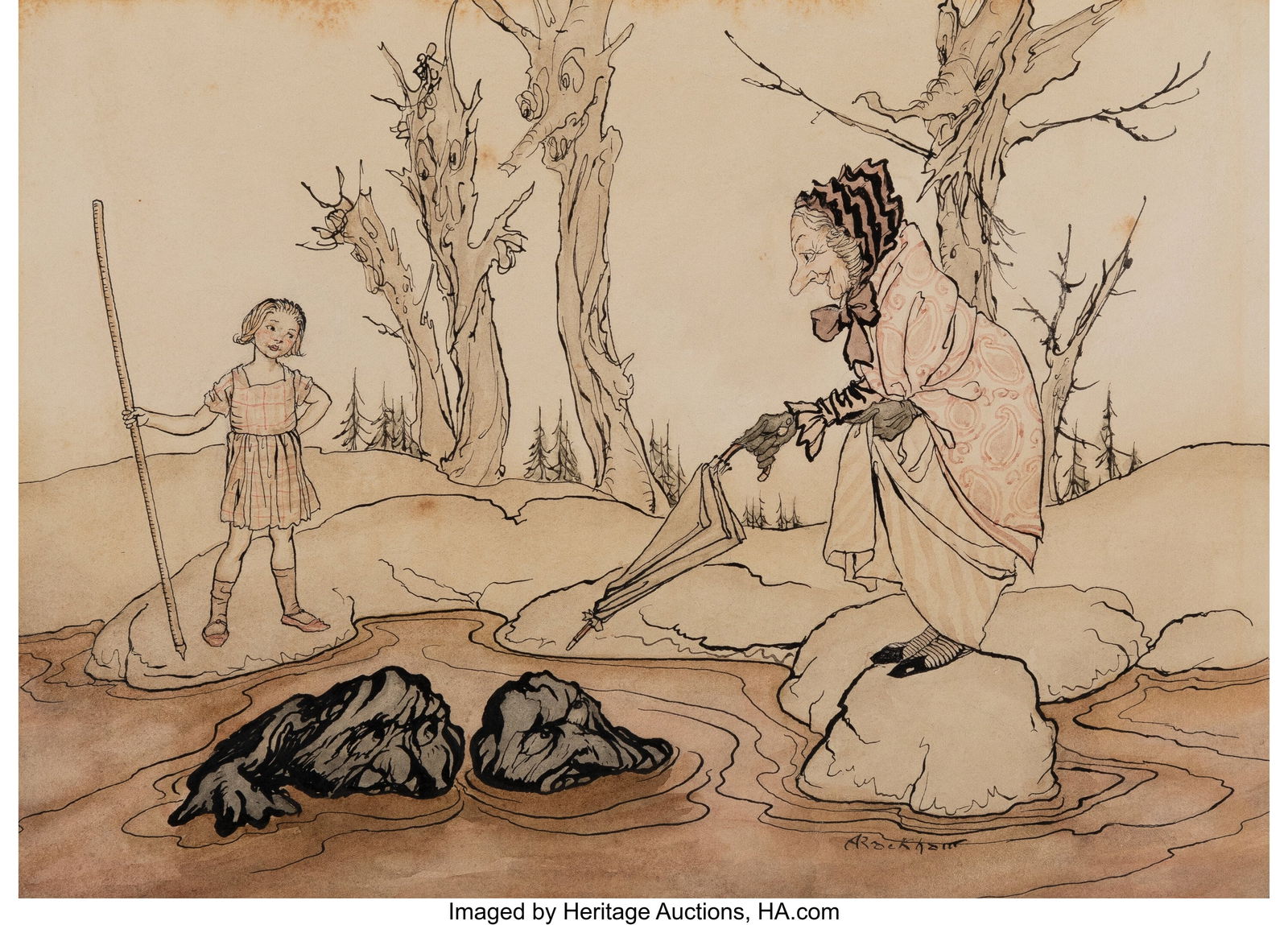 Arthur Rackham (British, 1867-1939) The Black Br: Arthur Rackham (British, 1867-1939) The Black Brothers, The King of the Golden River book interior, 1932 Ink and watercolor on paper laid on board 7-1/4 x 10 inches &lp