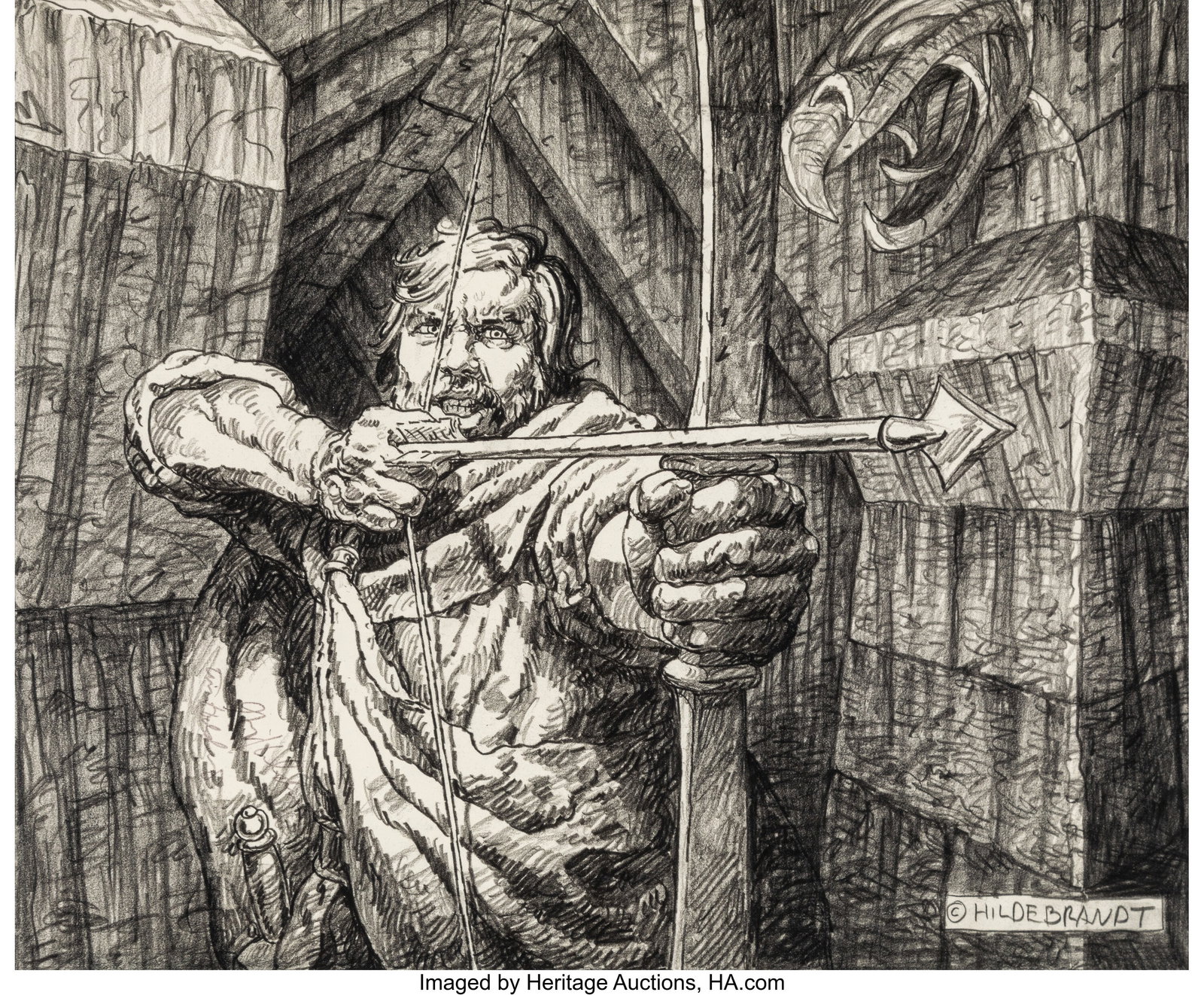 Greg and Tim Hildebrandt (American, 20th Century: Greg and Tim Hildebrandt (American, 20th Century) Hugh The Archer, Urushak book interior, 1979 Pencil on paper 12-1/2 x 15 inches (31.8 x 38.1 cm&rpa