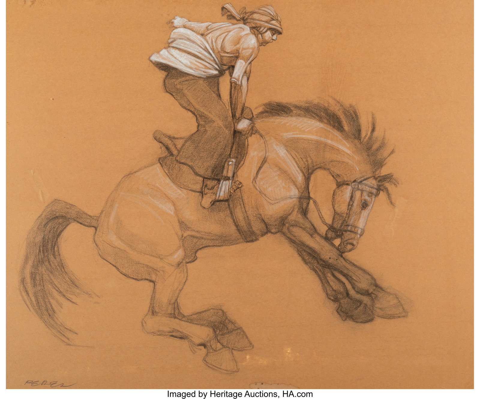 Jose Perez (American, b. 1929) The Horseman, cir: Jose Perez (American, b. 1929) The Horseman, circa 1970 Mixed media on paper 28 x 30 inches (71.1 x 76.2 cm) (image) Signed lower left&co