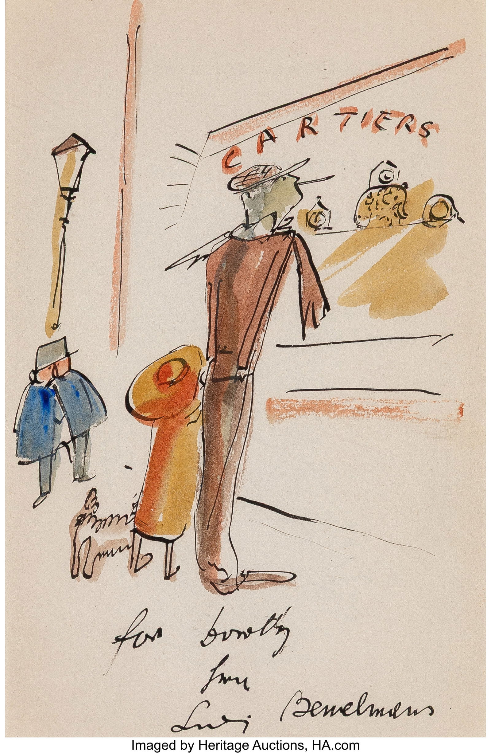 Ludwig Bemelmans (American, 1898-1962) Cartier's: Ludwig Bemelmans (American, 1898-1962) Cartier's Clocks Watercolor and ink on paper 8-1/4 x 5-3/8 inches (21.0 x 13.5 cm) (sheet) Signed and i