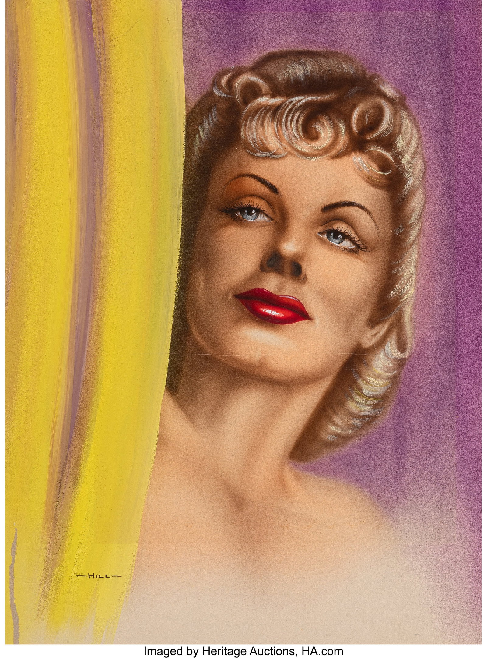 Russ Hill (American, 20th Century) A Femme Fatal: Russ Hill (American, 20th Century) A Femme Fatale's Gaze, 1947 Gouache on board 19-1/4 x 13-3/4 inches (48.9 x 34.9 cm) Signed lower left: H
