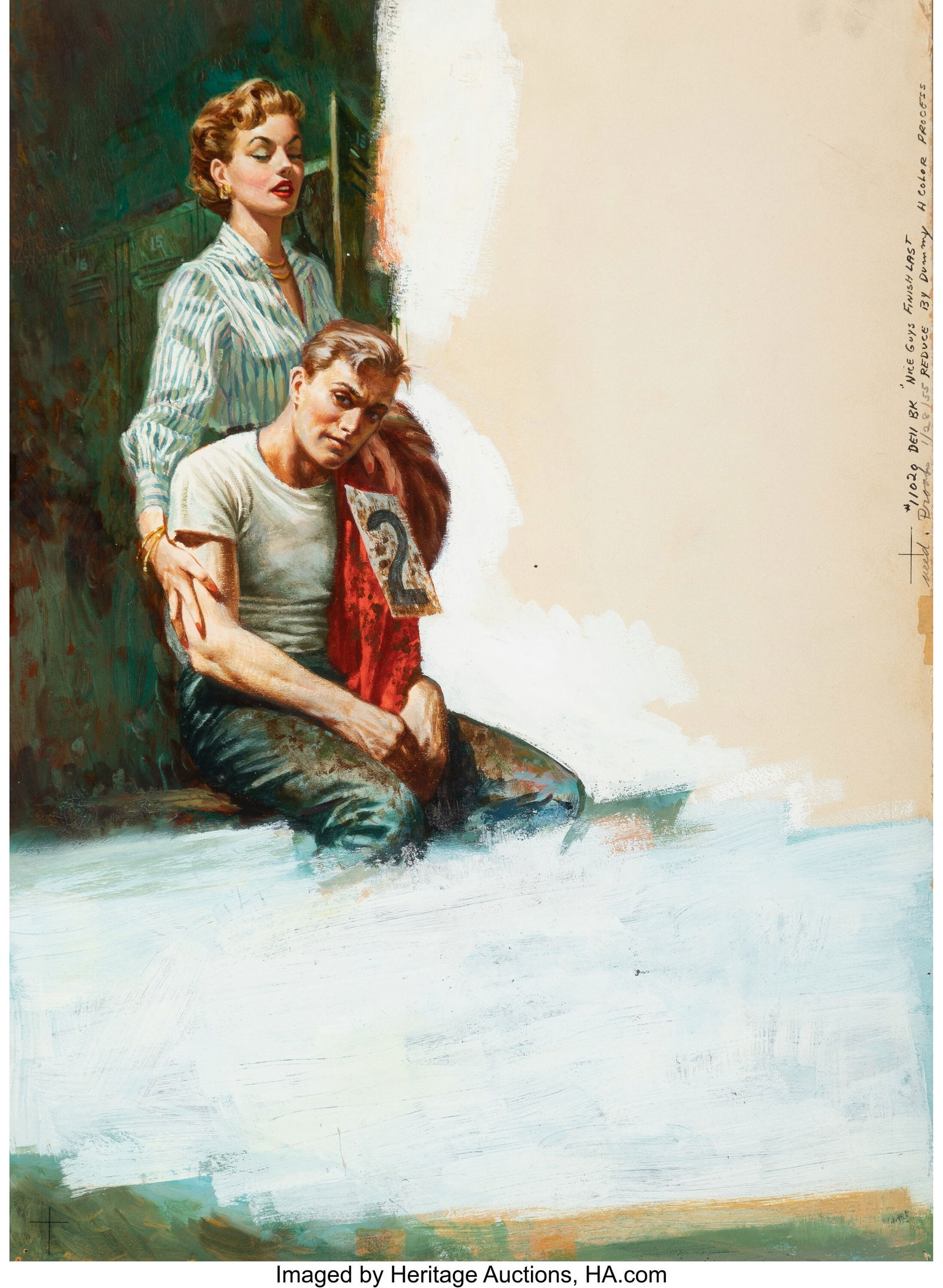 Harry Schaare (American, 1922-2008) Nice Guys Fi: Harry Schaare (American, 1922-2008) Nice Guys Finish Last paperback cover, 1955 Oil on board 20 x 13-3/4 inches (50.8 x 34.9 cm) Not signed PROVENANCE