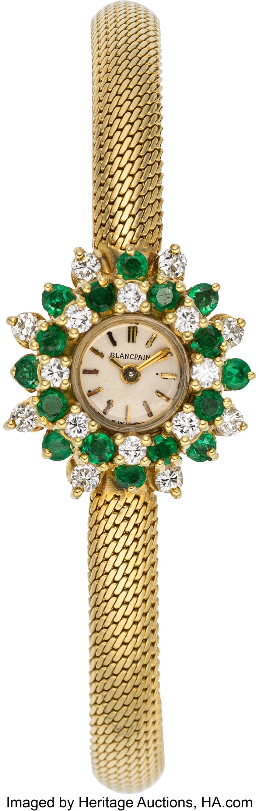 Blancpain Emerald, Diamond, Gold Watch Stones: Blancpain Emerald, Diamond, Gold Watch Stones: Round, 13 mm, 18k gold, emerald and diamond set, glass crystal, 9961, 4248 Dial: White,