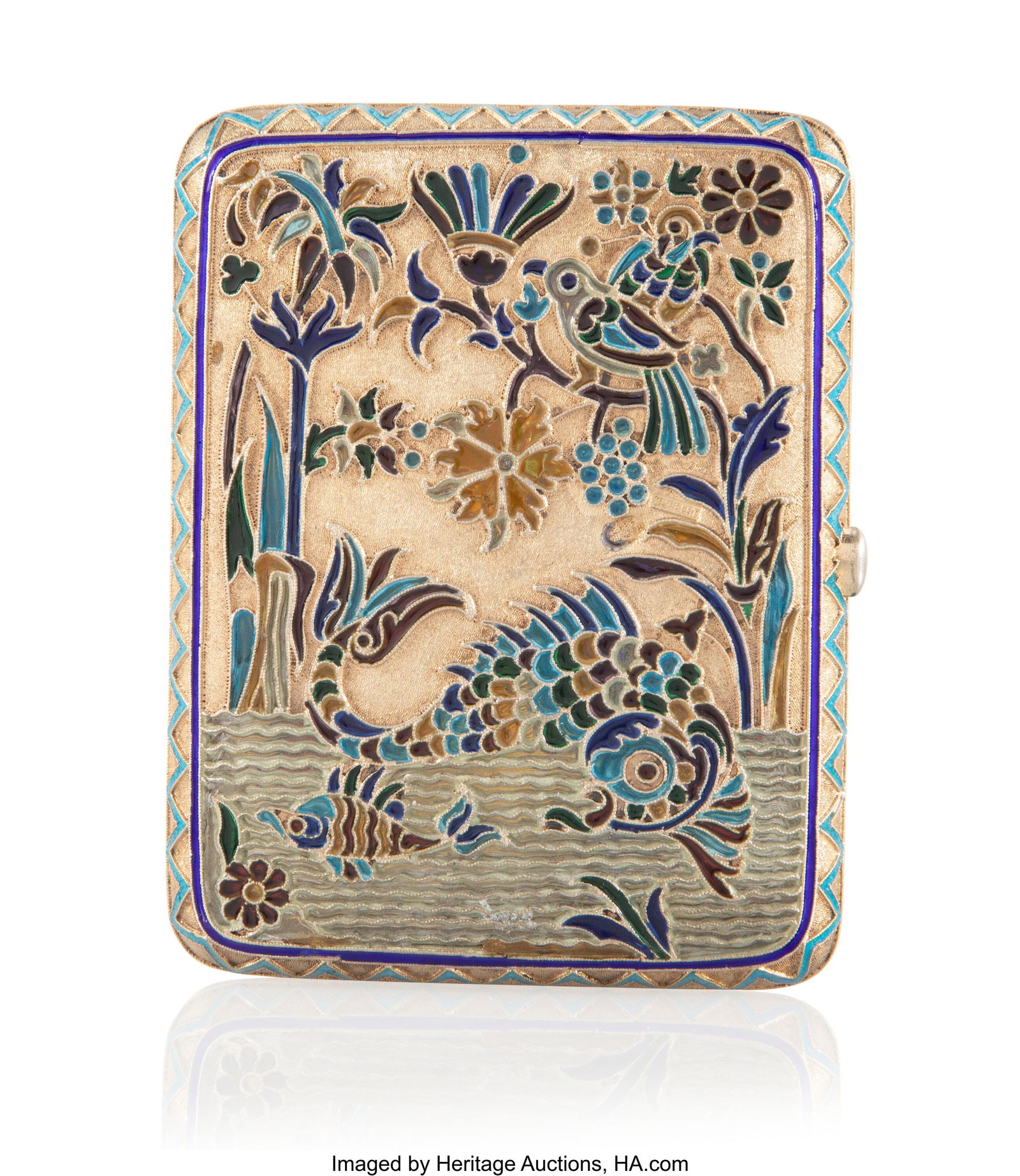 A Russian Plique-à-Jour Enameled Gilt Silver Ci: A Russian Plique-à-Jour Enameled Gilt Silver Cigarette Case Gustav Klingert, Moscow, before 1899 4 x 3-1/4 x 0-3/4 inches (10.2 x 8.3 x 1.9 cm&rpar