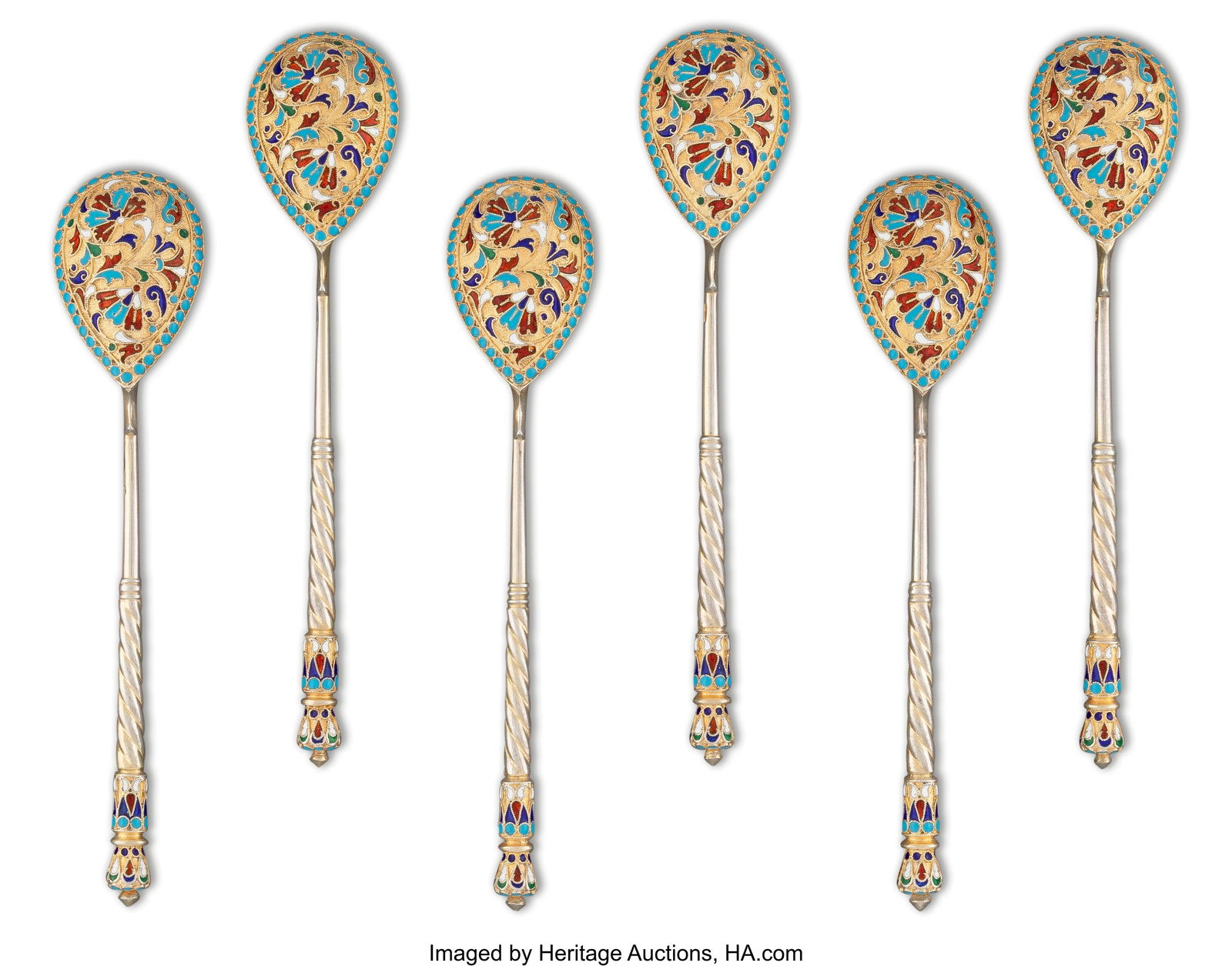 A Russian Set of Six Cloisonné Enameled Gilt Si: A Russian Set of Six Cloisonné Enameled Gilt Silver Spoons Gustav Klingert, Moscow, 1899-1908 5-3/8 inches (13.7 cm) (each) 164 grams PROVENANCE&colon