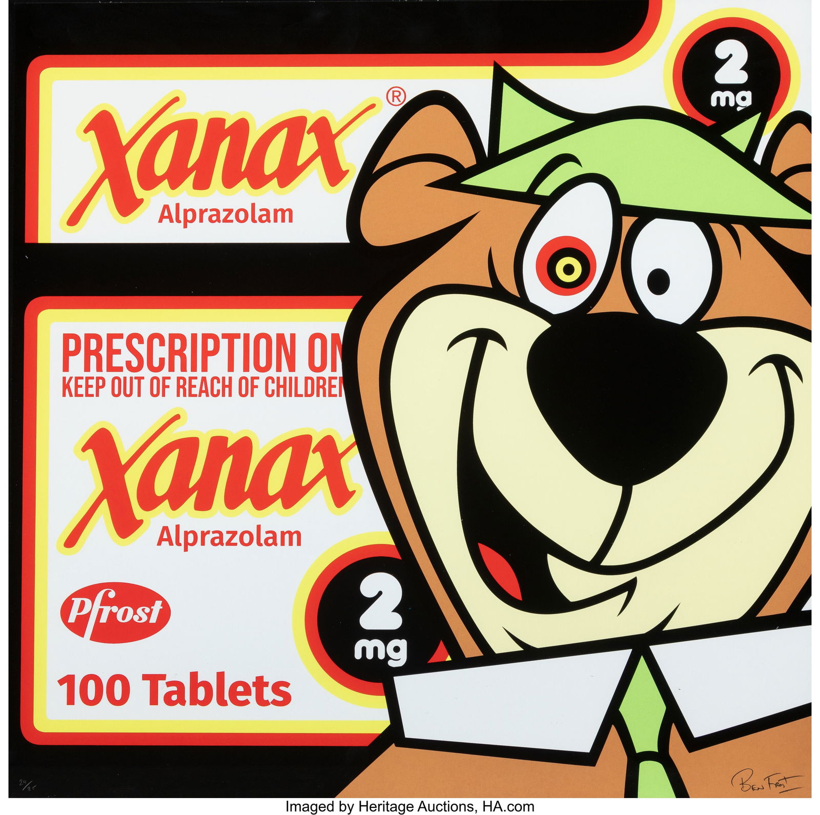 Ben Frost (b. 1975) Yogi On Xanax (Black), 2022: Ben Frost (b. 1975) Yogi On Xanax (Black), 2022 Screenprint in colors on Mohawk Superfine UltraWhite paper 24 x 24 inches (61.0 x 61.0 cm) &lpa