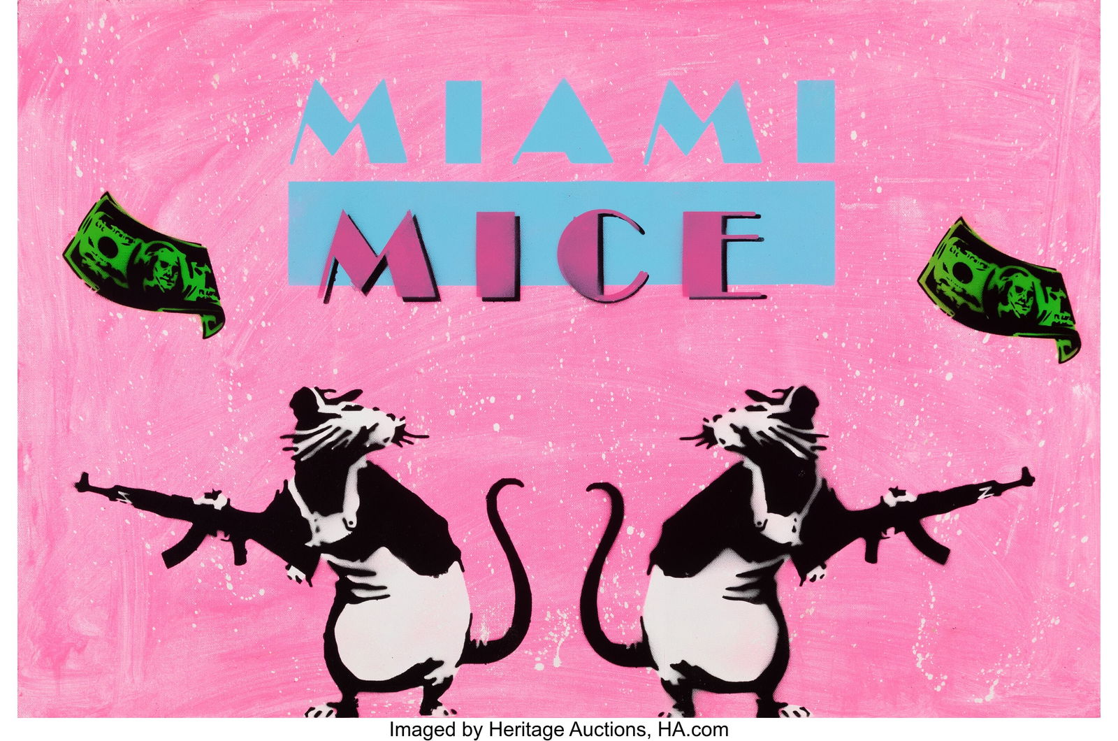 Banksy Hates Me (20th Century) Miami Mice (Rats): Banksy Hates Me (20th Century) Miami Mice (Rats), 2022 Acrylic and spray paint on canvas 24 x 36 inches (61.0 x 91.4 cm) Ed. 1/3 Signed&com