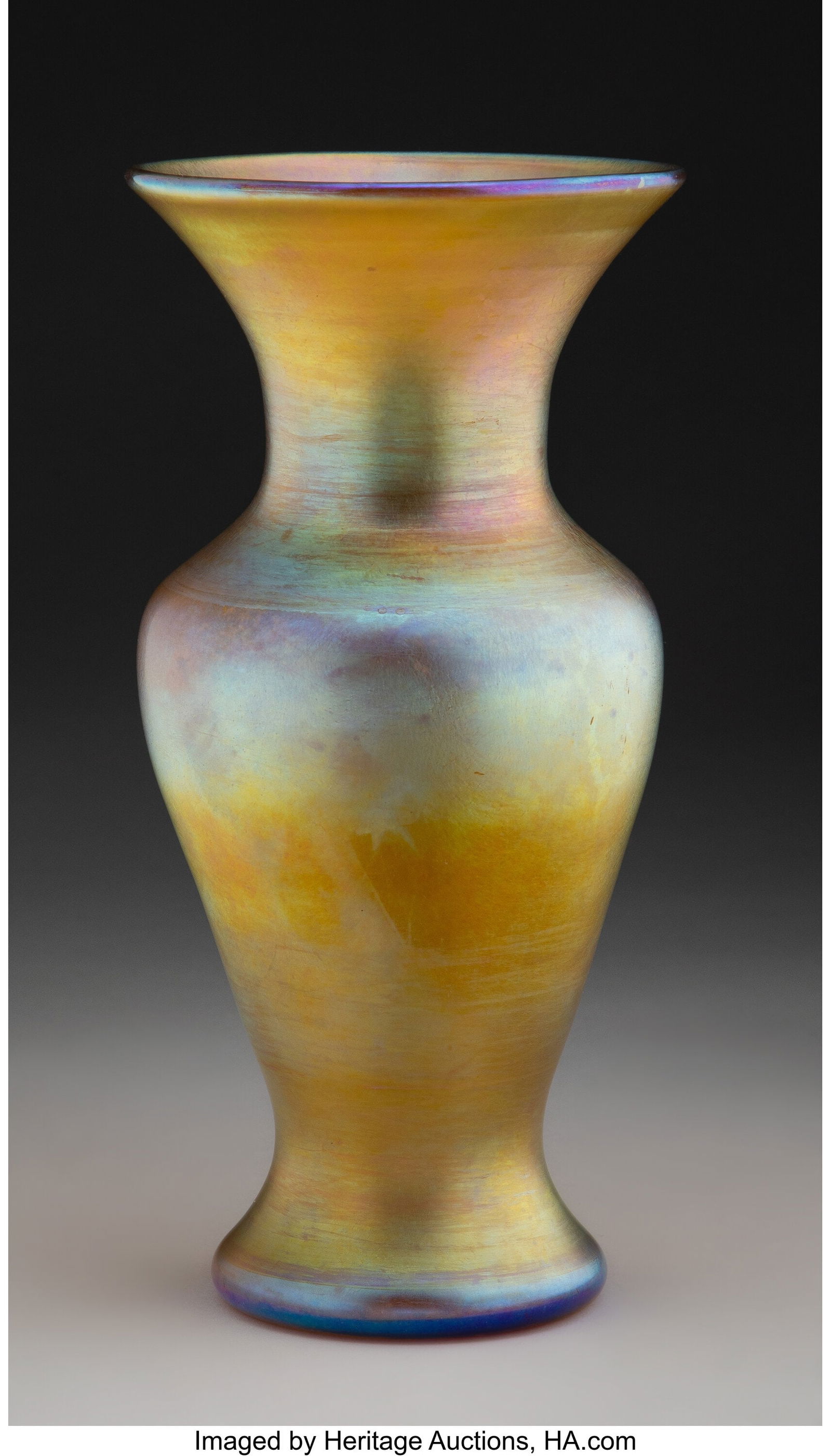 Tiffany Studios Vase, circa 1910 Favrile glass: Tiffany Studios Vase, circa 1910 Favrile glass 8-3/4 inches (22.2 cm) Marks: 5-6814N, 1555, L.C. Tiffany-Inc. Favrile HID03101062020 &