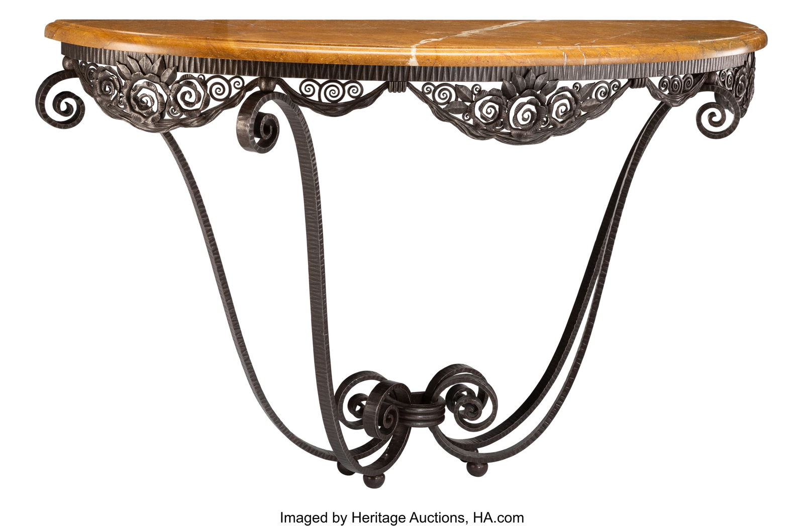 Edgar Brandt Simplicite Console, circa 1922 Sil: Edgar Brandt Simplicite Console, circa 1922 Silvered wrought iron, marble 35-3/4 x 58-3/4 x 17-5/8 inches (90.8 x 149.2 x 44.8 cm) Marks to iron base: E. BRANDT LITERATURE: J. Kahr, Edgar Brandt: Mast