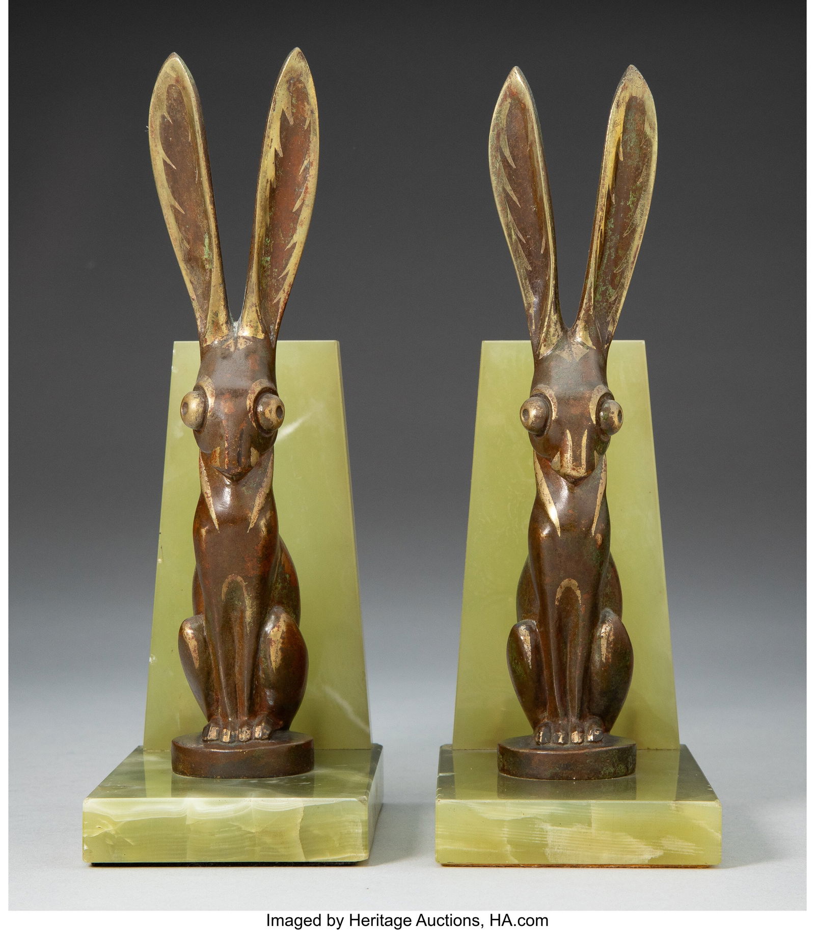 André Vincent Becquerel Rabbit Bookends, circa: André Vincent Becquerel Rabbit Bookends, circa 1920 Partial gilt bronze, onyx 8-1/4 x 2-7/8 x 4-1/2 inches (21.0 x 7.3 x 11.4 cm) (ea