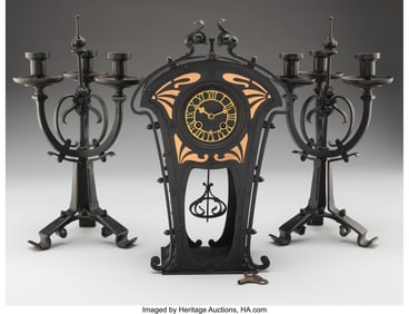 79040&colon; Arts & Crafts Three Piece Clock Set&comma; circa 1920 