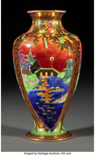 Daisy Makeig-Jones for Wedgwood Flame Fairyland: Daisy Makeig-Jones for Wedgwood Flame Fairyland Lustre Willow Vase, circa 1925 Glazed porcelain 8-1/2 inches (21.6 cm) Marks: (Portland vase), (tr