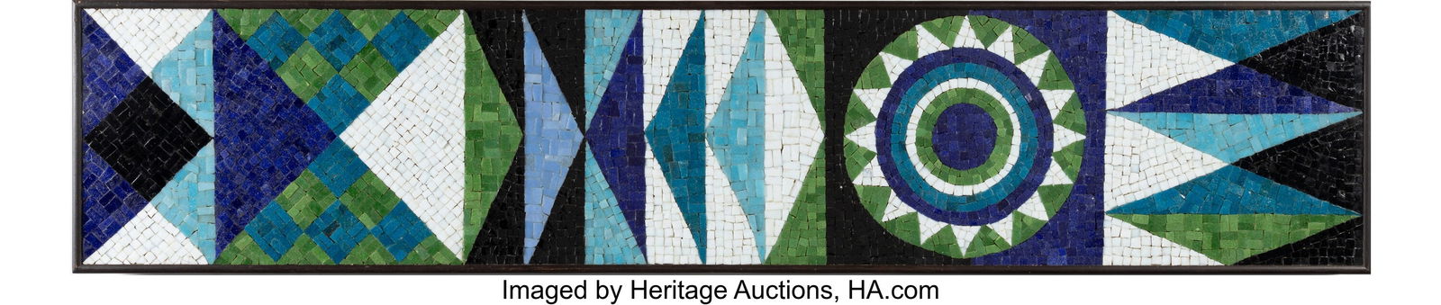 Evelyn Ackerman Pennants Mosaic, Model 605-5C ER: Evelyn Ackerman Pennants Mosaic, Model 605-5C ERA Industries USA, circa 1958 Glass tile, Masonite, lacquered wood 12-3/4 x 60-1/4 inches (32.4 x 153.