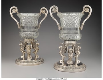 74002&colon; A Pair of Paul Storr Partial Gilt Silver-Mounted Cut Glass Ur