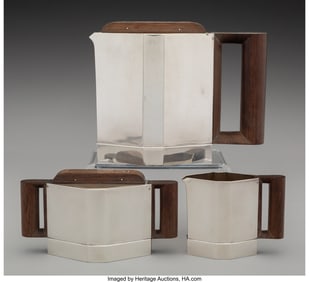 74221&colon; A Three-Piece Jean Puiforcat Silver Art Deco Tea