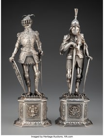 74029&colon; A Pair of German Silver Standing Knights&comma; 19th c