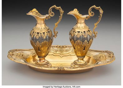 74040&colon; A Three-Piece French Gilt Silver and Glass Cruet