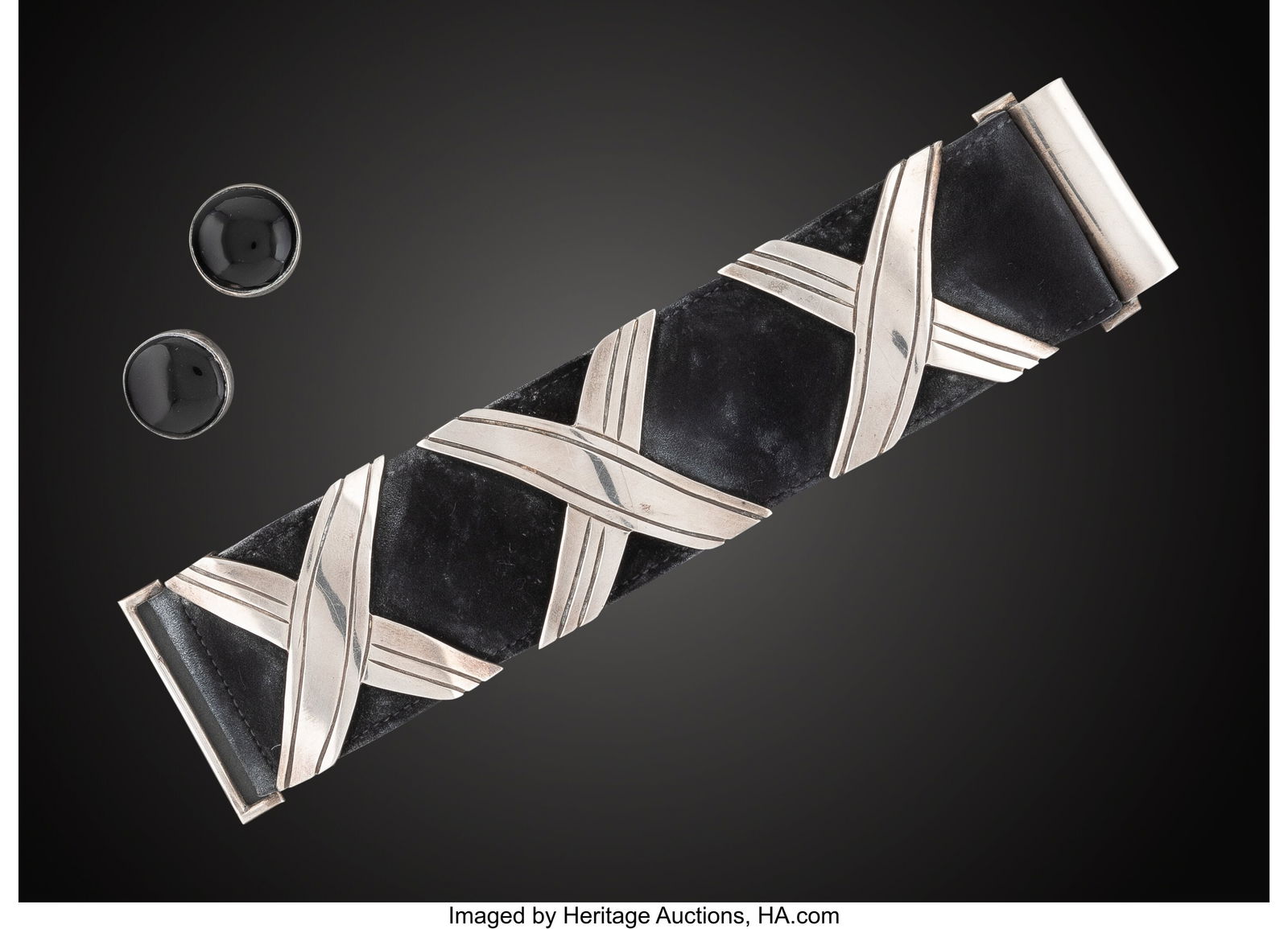 A Hector Aguilar Silver and Leather X-Form Cuff: A Hector Aguilar Silver and Leather X-Form Cuff with Silver and Obsidian Earrings, Taxco, Mexico, mid-20th century Marks to cuff: 940, (maker's mark), TAX