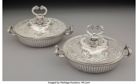 74048&colon; A Pair of French Silver Covered Two-Handled Bowl