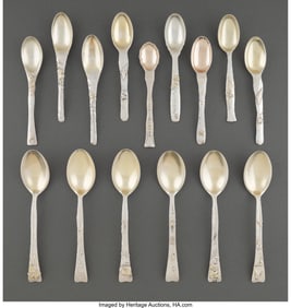 Fifteen Tiffany & Co. Lap-Over-Edge Pattern and Hand-Hammered Acid-Etched and Applied Silver Spoons