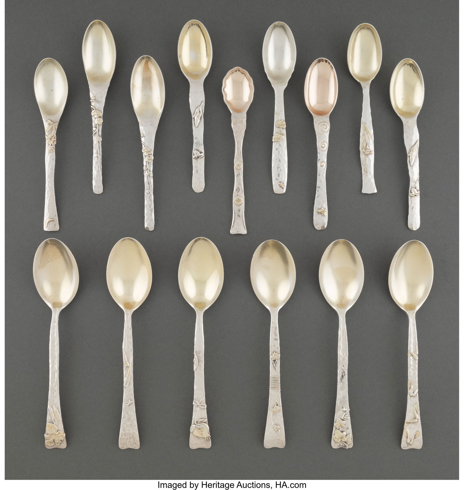 Fifteen Tiffany & Co. Lap-Over-Edge Pattern and Hand-Hammered Acid-Etched and Applied Silver Spoons (1 of 3)