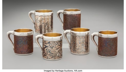 74174: A Set of Six Tiffany & Co. Partial Gilt Silver, Mixed Metal, and Mokume Liqueur Cups