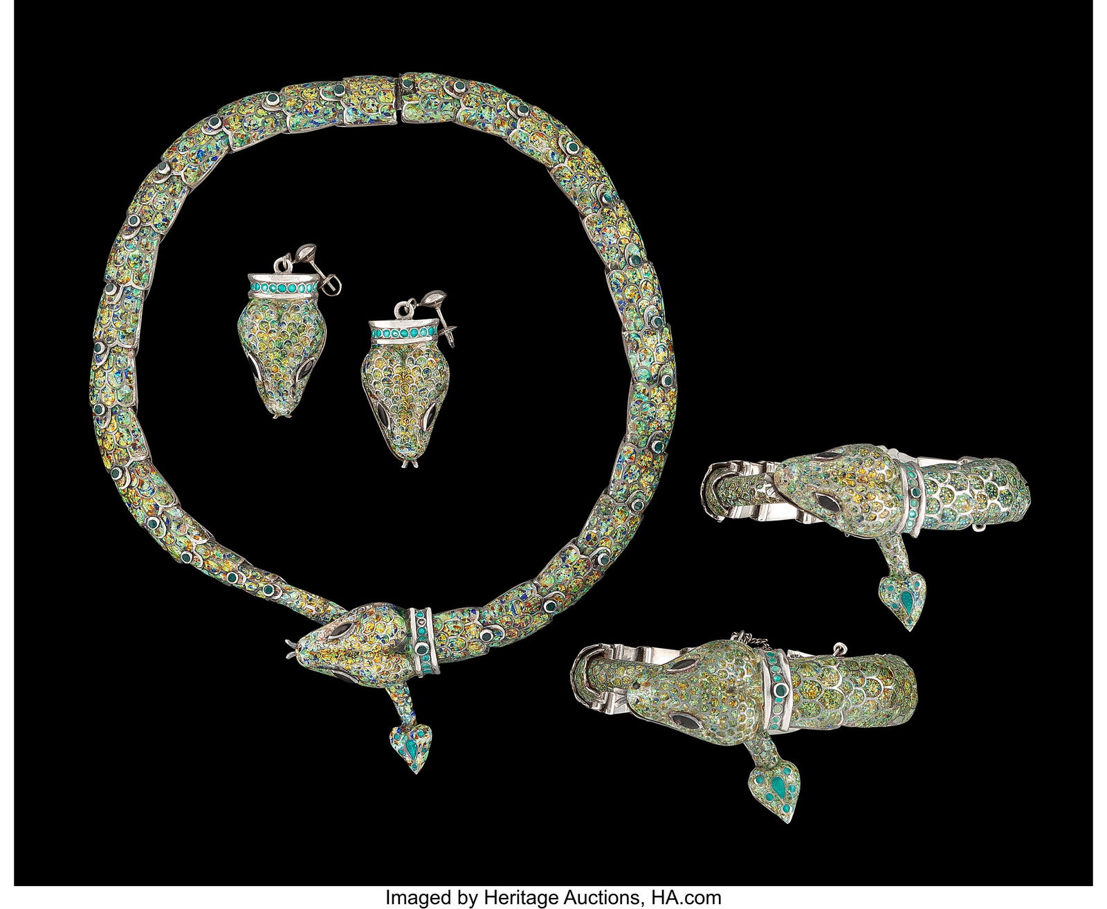 A Five-Piece Margot de Taxco Enameled Silver Sna (1 of 2)