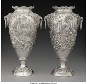 74094&colon; A Pair of S&period; Kirk & Son Co&period; Silver Landscape Vas