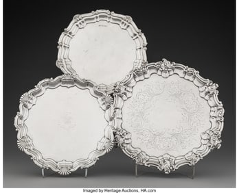 74305: Three English Silver Salvers, 1858-1973 Marks to