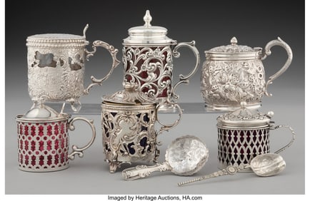 74318: A Collection of Six Condiment Silver Jars with G