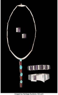 74478: A Five-Piece Collection of Antonio Pineda Silver: A Five-Piece Collection of Antonio Pineda Silver Jewelry, Taxco, Mexico, circa 1953 Marks: ANTONIO (crown), TAXCO, STERLING, (eagle-17)&co