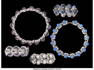 74484: A Five-Piece Margot de Taxco Silver, Glass and G