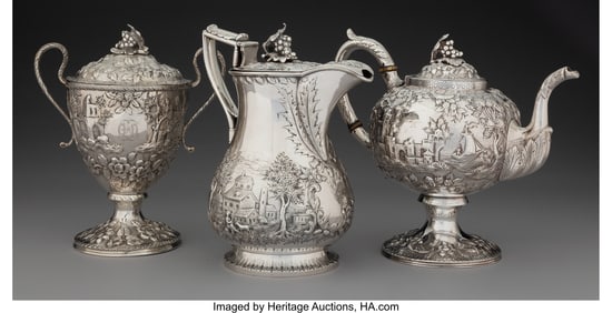 74384: Three American Chased Repoussé Silver Landscape