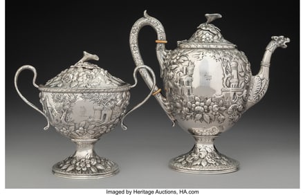 74386: An S. Kirk & Son Silver Landscape Tea Pot and Co