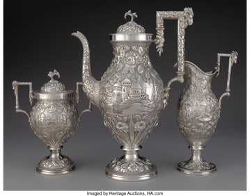 74389: A Three-Piece S. Kirk & Son Silver Landscape Cof