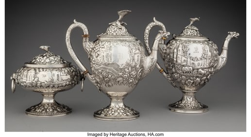 74393: A Three-Piece S. Kirk & Son Silver Landscape Cof