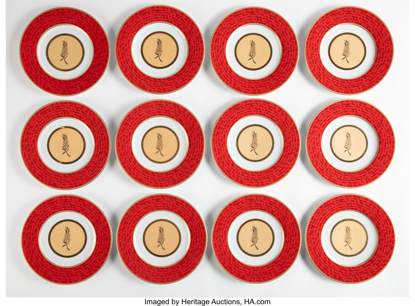 Hilton McConnico Set of Twelve Cannes Film Fest: Hilton McConnico Set of Twelve Cannes Film Festival 50th Anniversary Plates Philippe Deshoulieres France, 1997 Glazed porcelain, metal can 1 x 12-1/2 inches (2.5 x 31&perio