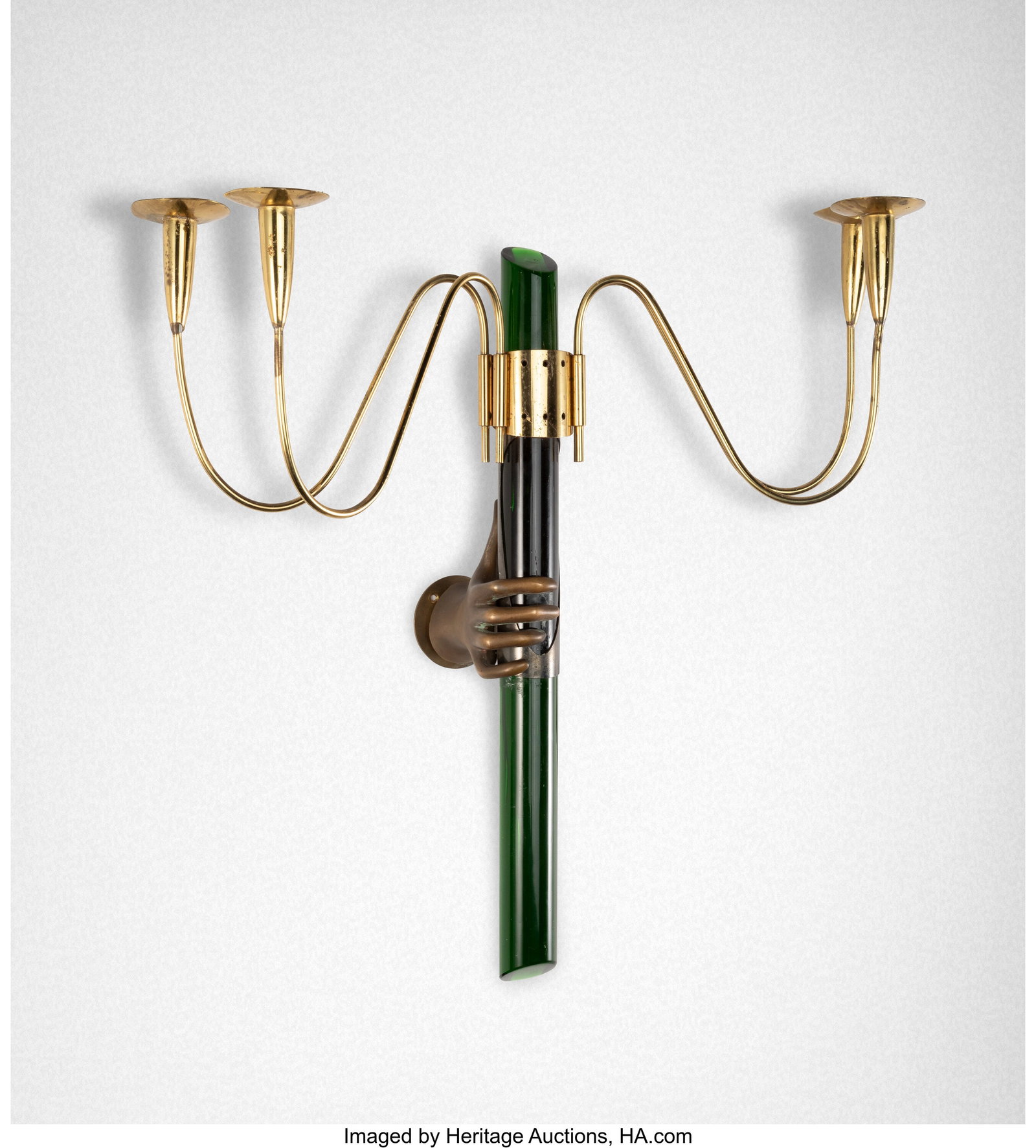 Fontana Arte Wall-mounted Candelabra Italy, circ: Fontana Arte Wall-mounted Candelabra Italy, circa 1950 Glass, brass, patinated bronze 20-1/2 x 22-1/8 x 12 inches (52.1 x 56.2 x 30.5 cm) HID03