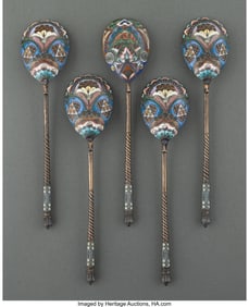 27028&colon; A Set of Five Russian Cloisonné Enameled Gilt S
