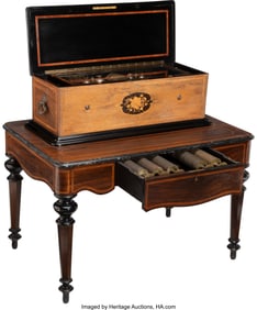 27025&colon; A Large Carved Wood Music Box and Table with Cyl